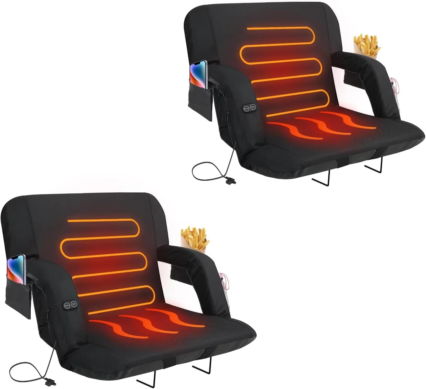 FONDGARI Double Heated Stadium Seats for Bleachers with Back & Arm Support – Built-in 3 Level Heater – 5 Pockets for Phone, Drinks, and Food