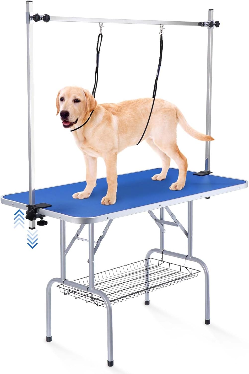 Mesa plegable de aseo para perros y mascotas, altura ajustable, mesa portátil de aseo para perros de 46 pulgadas con brazo y bandeja de malla,