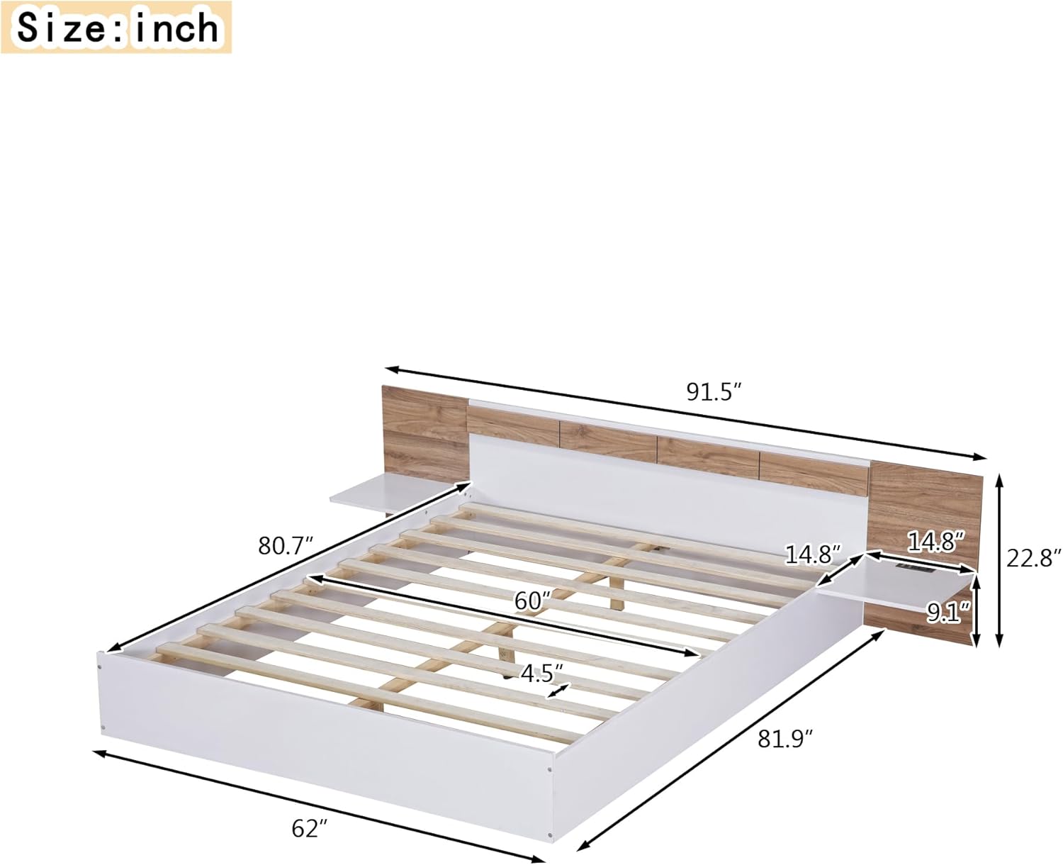 Cama de plataforma tamaño Queen con cabecero, estantes de almacenamiento, puertos USB y enchufes, marco de cama Queen de madera, no necesita somier