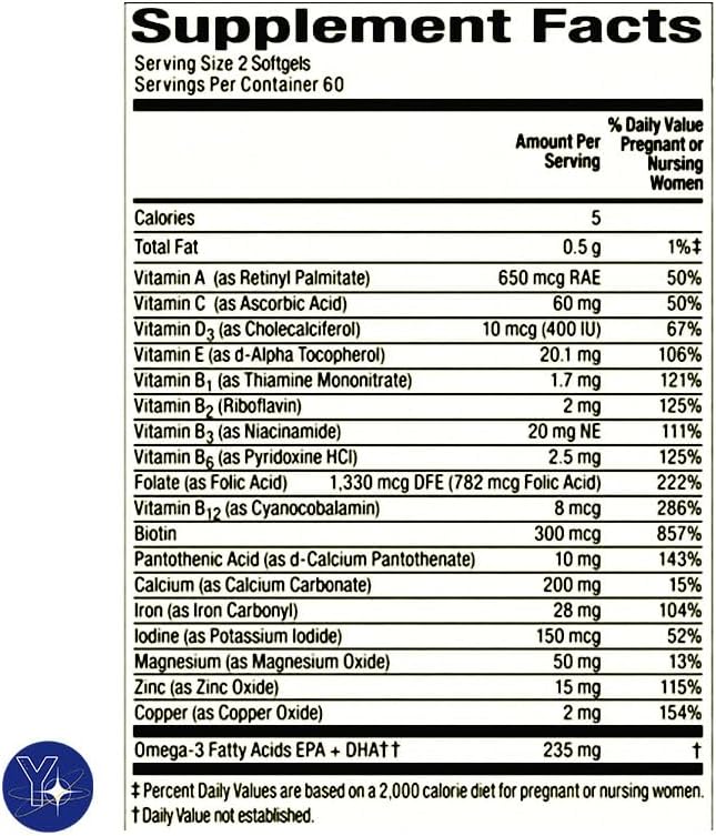 Mini prenatal Multi + DHA Suplemento multivitamínicomultimineral completo Spring Valley Mini Softgels, 120 unidades y marcador de regalo de YOLOMOLO