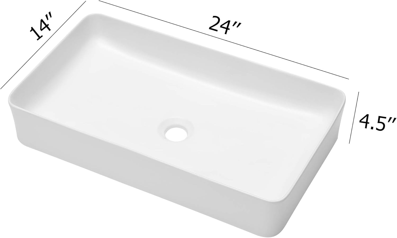 Fregadero rectangular de 24 x 14 pulgadas, lavabo rectangular de porcelana de cerámica blanca sobre mostrador