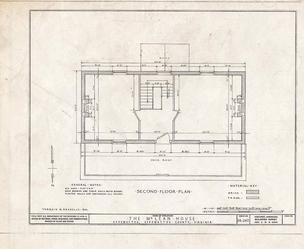 Pictórico histórico Blueprint HABS VA, 6-APPO, 1- (hoja 3 de 8) – McLean House, Appomattox, condado de Appomattox, VA 24 x 18 pulgadas.