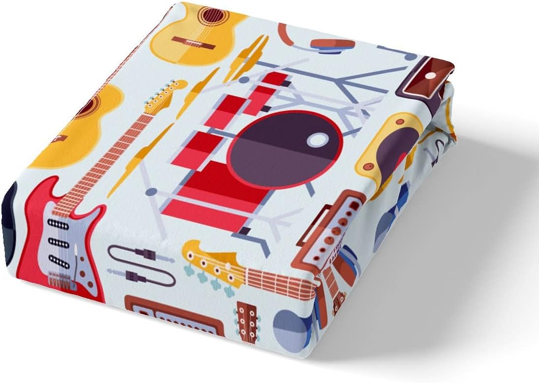 Manfei Juego de sábanas bajeras musicales de tamaño individual, juego de ropa de cama con estampado de auriculares, 2 piezas para niños, niñas,