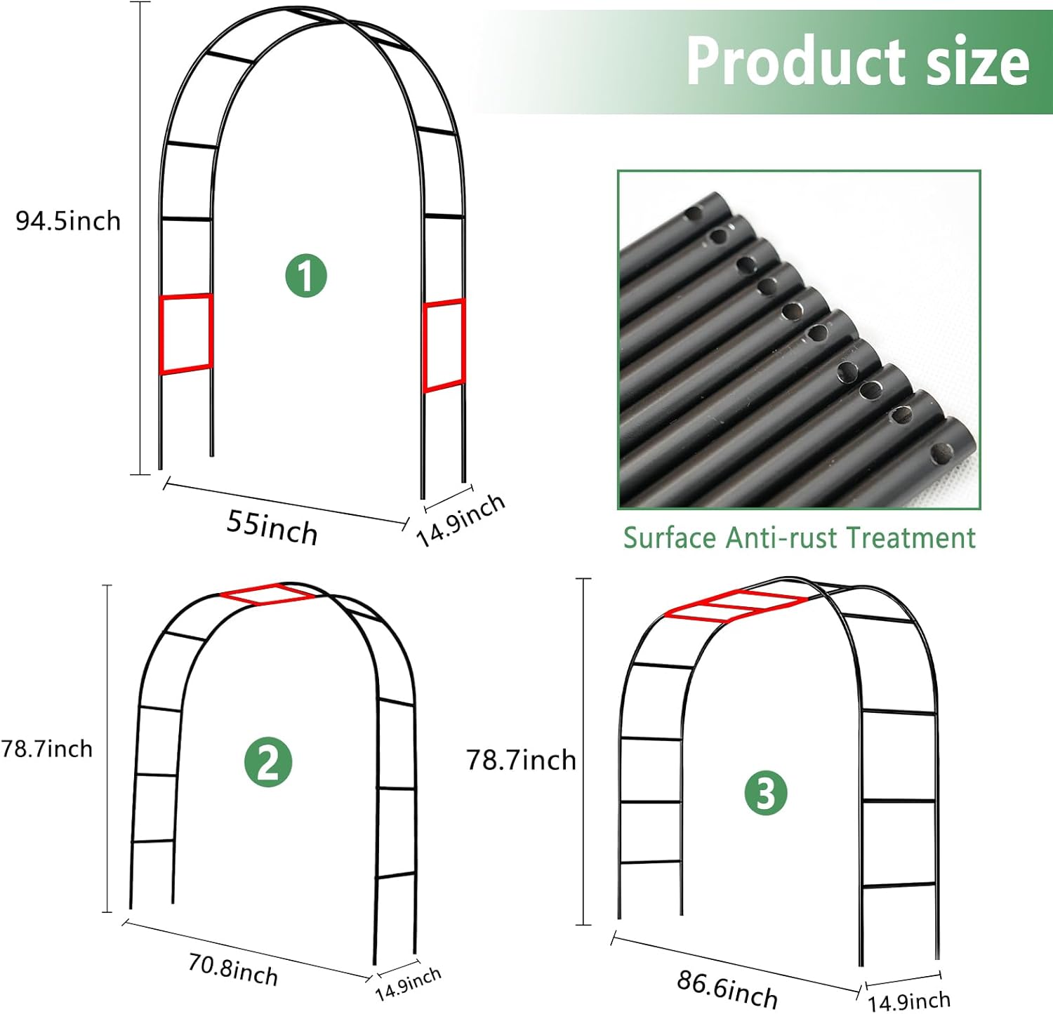 Pérgola de metal de 7.9 pies de alto x 4.6 pies de ancho, se monta libremente 3 tamaños, para varias plantas trepadoras, bodas, jardín, arco,