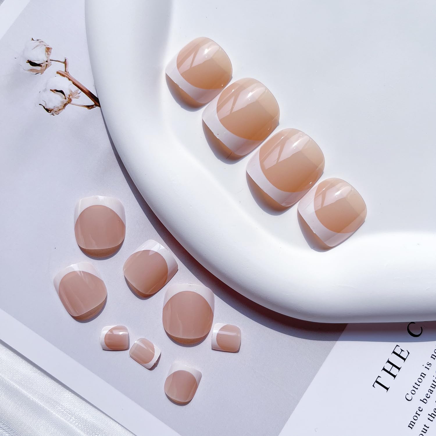 Uñas postizas a presión con punta francesa, uñas postizas cortas, cobertura completa, para pegar en las uñas de los pies, color rosa nude, uñas