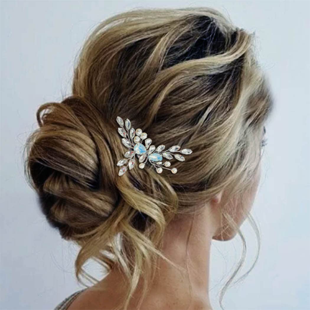 Casdre Peine de cristal para el cabello de novia, ópalo plateado, diamantes de imitación, peine lateral de boda, pieza de pelo con perlas,