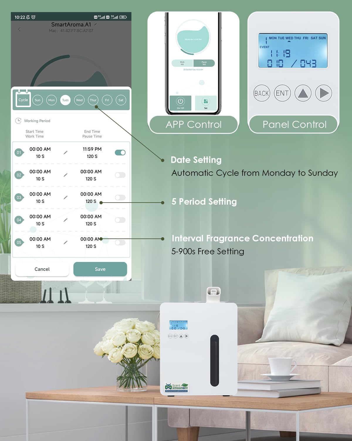 Mxmoonant Máquina de aire inteligente de aroma de 10.1 fl oz, difusor sin agua HVAC con control de aplicación de bajo ruido para el hogar, hotel,