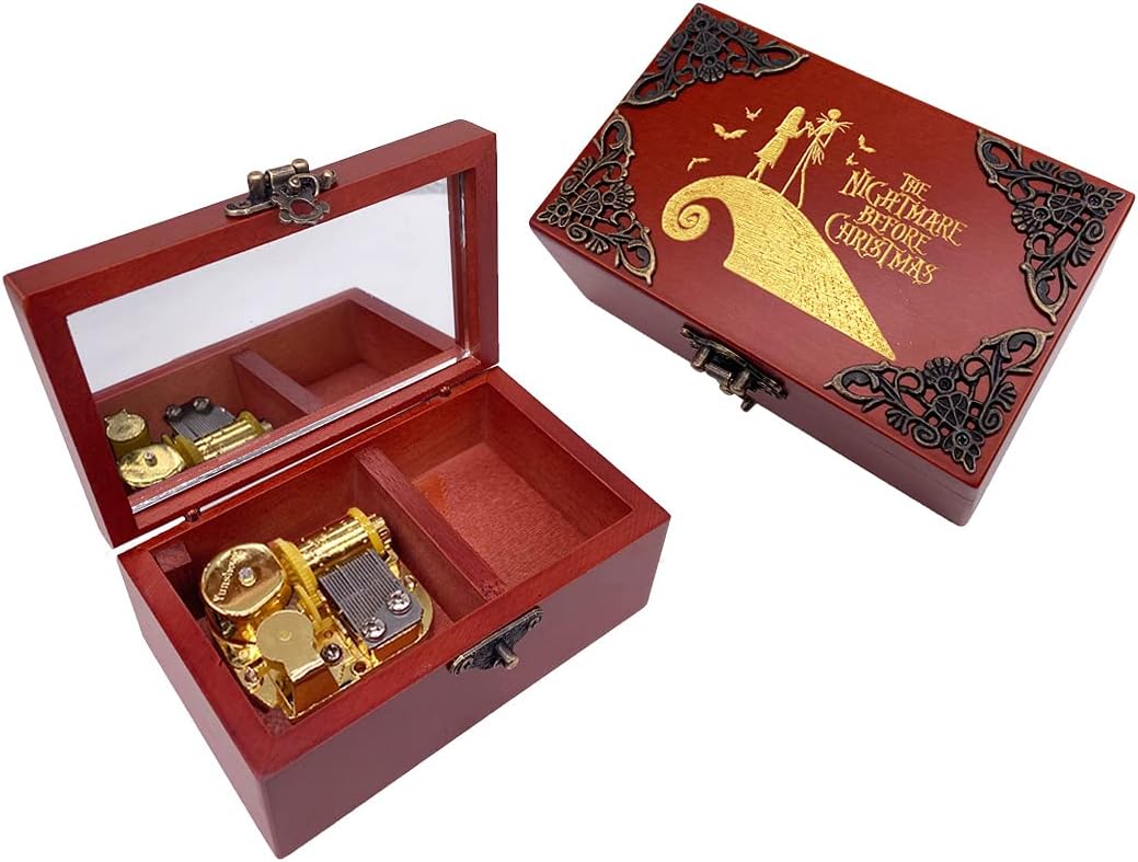 Youtang Caja de música con espejo de Nightmare Before Christmas, caja musical de madera grabada con láser, regalo musical para ella, él, novia,