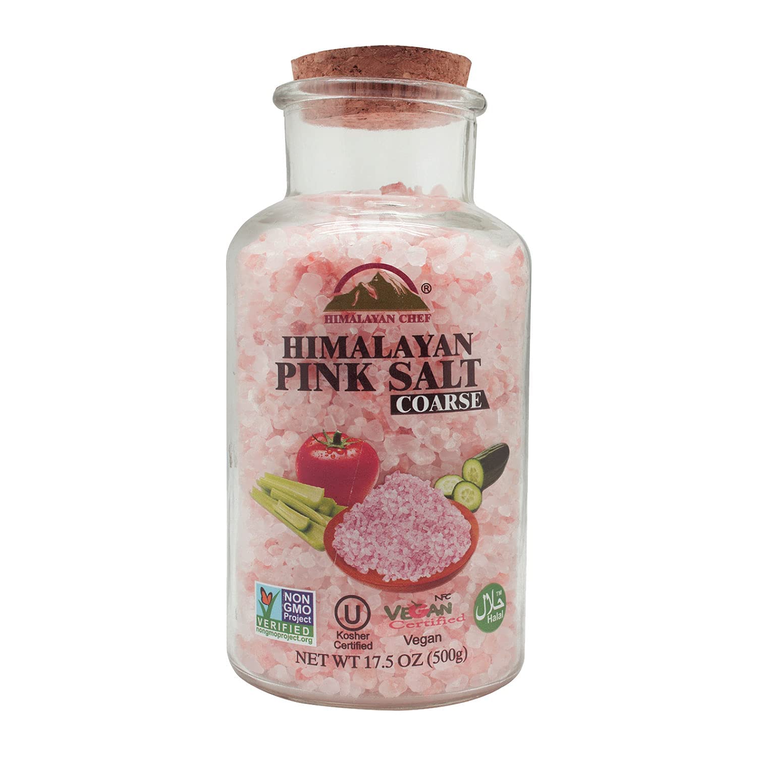 Himalayan Chef Sal rosada del Himalaya de grano grueso, tarro de boca ancha con sal gruesa de corcho, rosa, 17.5 onzas