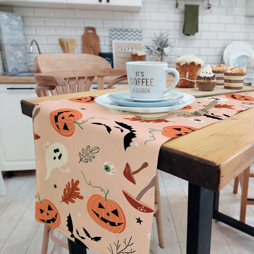 Camino de mesa temático de Halloween, lindo fantasma rosa, calabaza, divertido patrón de hongos, cocina, comedor, mesa de café, decoración para