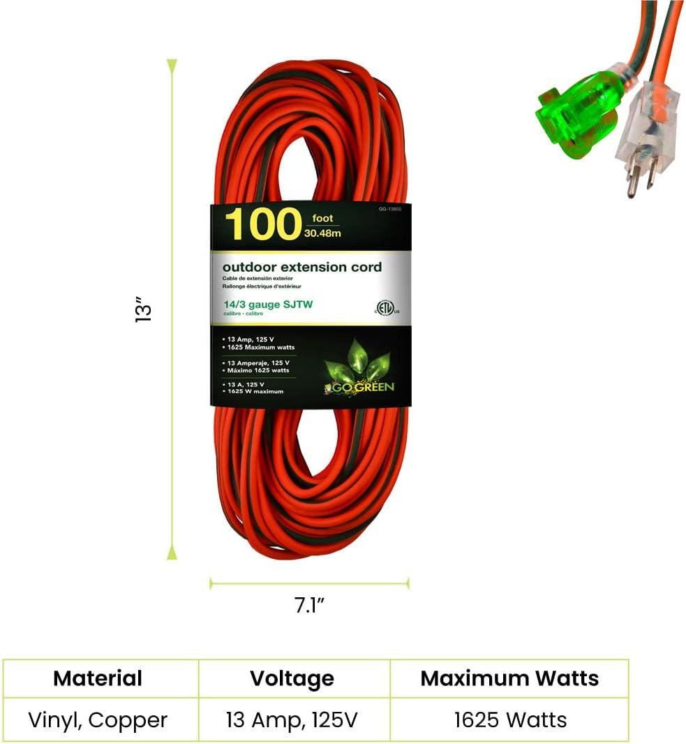 GoGreen Power (GG-13800) – Cable de extensión SJTW para exteriores, 143, 100 pies, cable de extensión iluminado, 100 pies