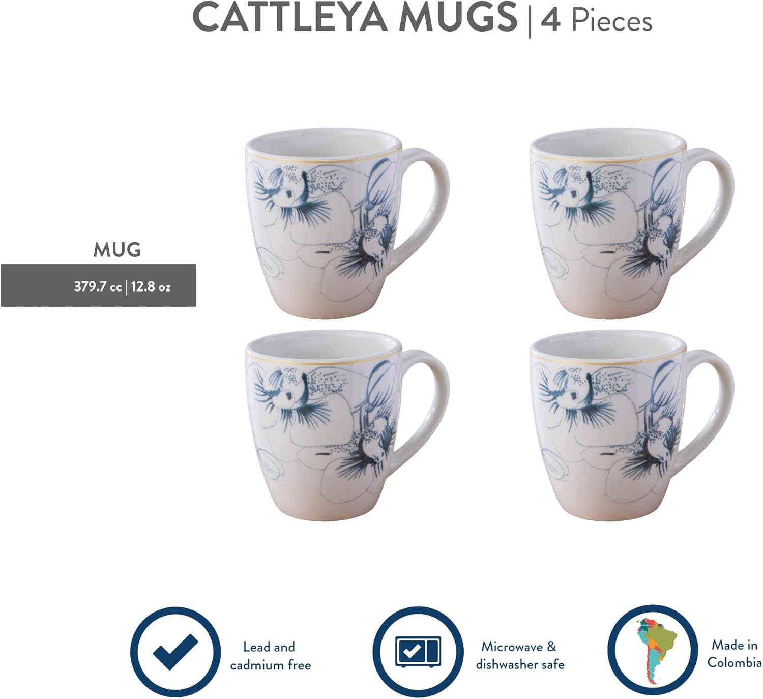 Juego de 4 tazas Corona  Perfecto para los amantes del café y el té  Cattleya 12.8 oz – 380cc  4 piezas  Cerámica  Diseño floral  Cerámica