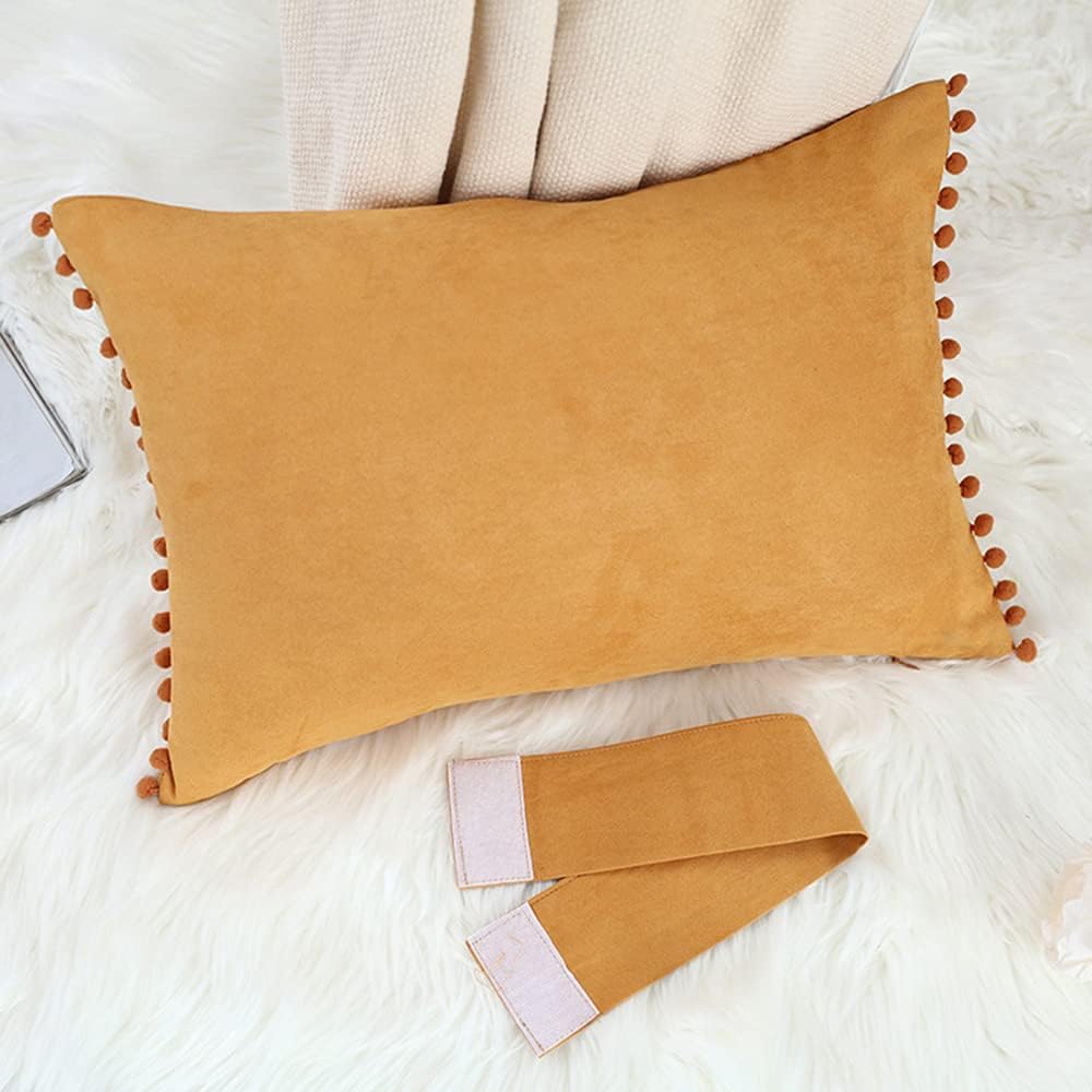 Fundas de almohada decorativas bohemias con pompones, fundas de almohada de terciopelo suave, fundas de almohada lumbares con lazo de 14 x 20