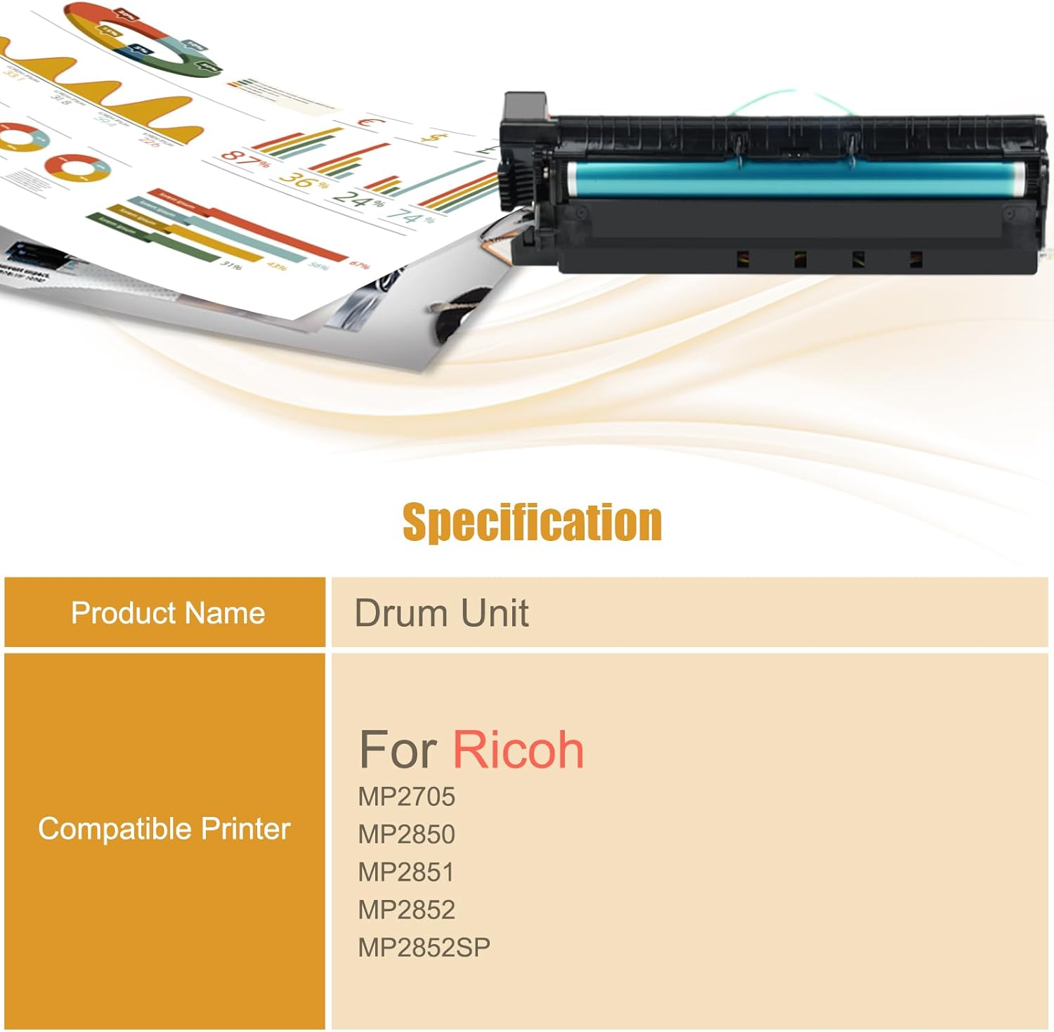 Wondrx Unidad de tambor negra compatible con impresora Ricoh MP2705 MP2850 MP2851 MP2852 MP2852SP  Alto rendimiento 80500 páginas (1 paquete negro)