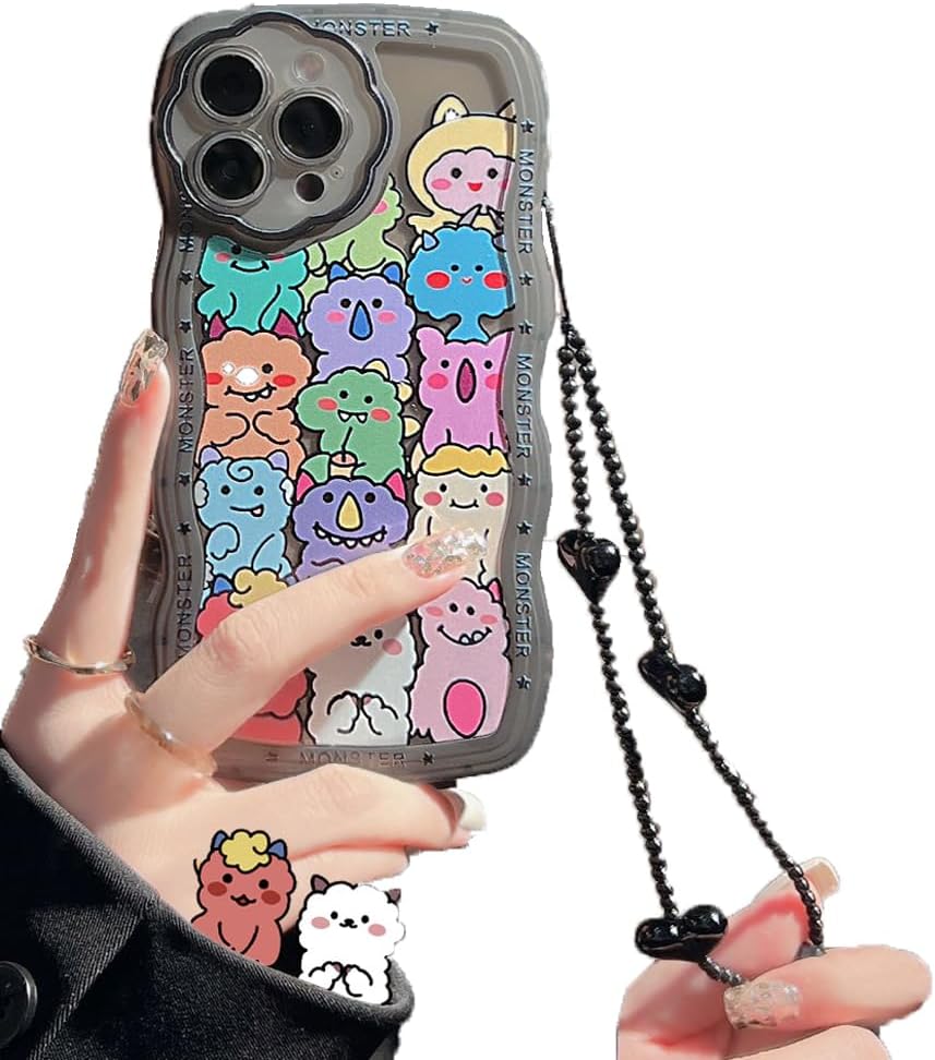 LOLAGIGI Funda negra para iPhone 13 Pro Max con forma de marco de onda rizada de monstruos de dibujos animados Kawaii, diseño femenino de dibujos