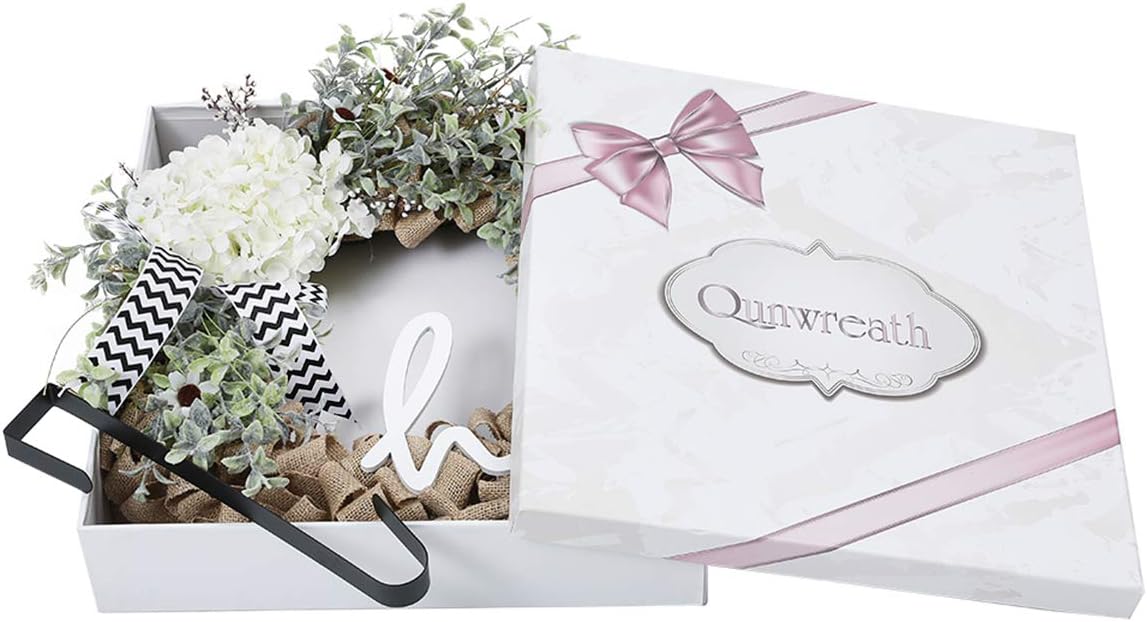 QUNWREATH Corona de arpillera para puerta delantera, corona de arpillera de 18 pulgadas, hecha a mano, corona de hortensias de granja  vid (blanco