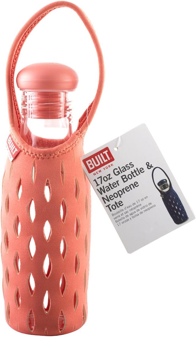 BUILT NY – Botella de agua de vidrio con bolsa de neopreno, 17 onzas, coral