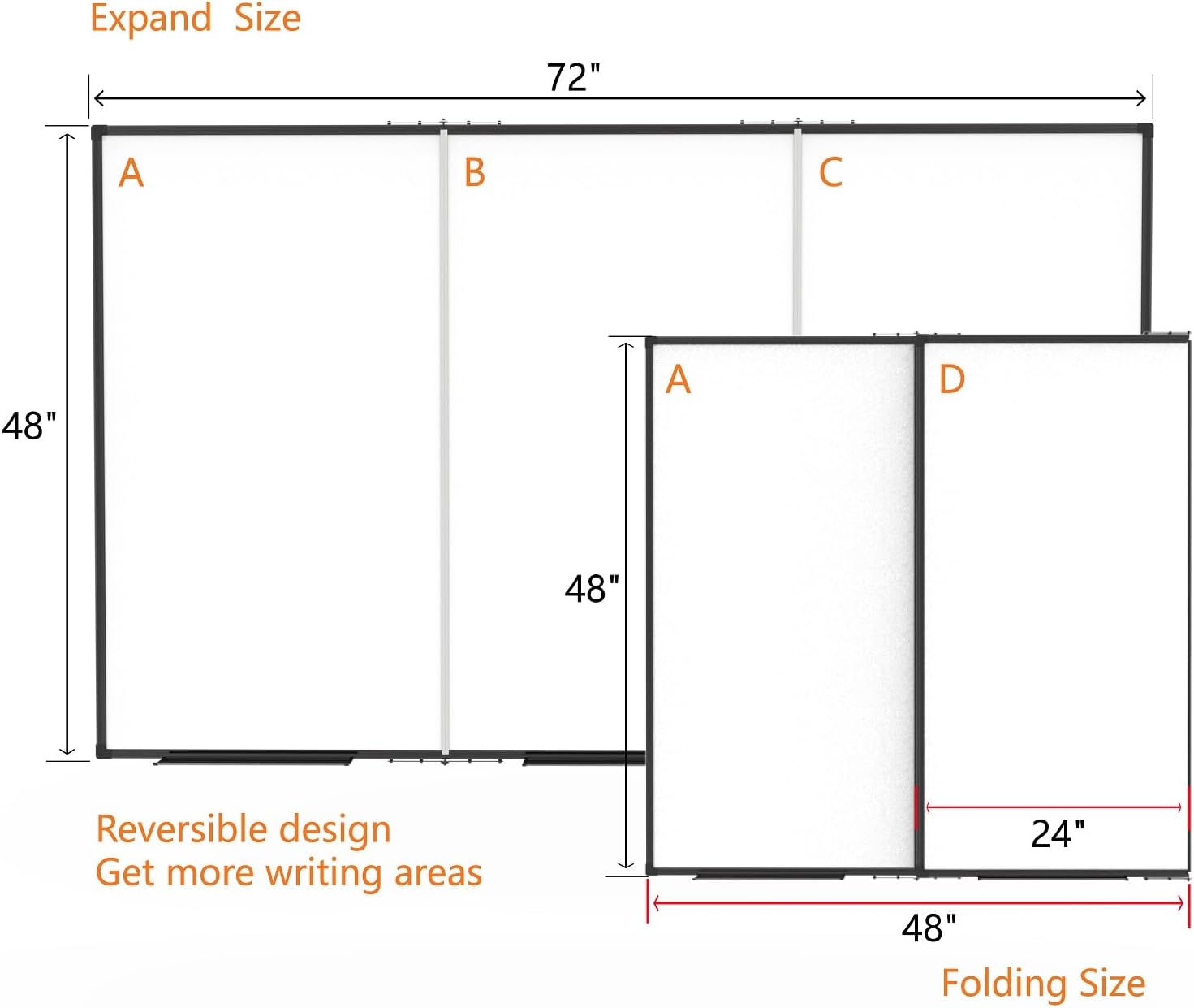 Pizarra blanca grande para pared, pizarra magnética de borrado en seco, plegable de 72 x 48 pulgadas, marco de aluminio negro, con 3 bandejas de