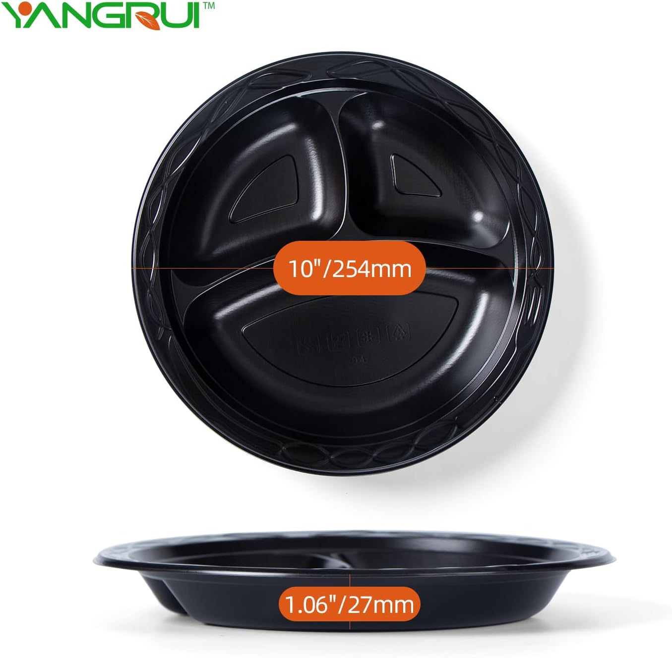 YANGRUI Platos de plástico reutilizables, 10 pulgadas, 3 compartimentos, aptos para microondas, platos desechables de grado alimenticio, platos de