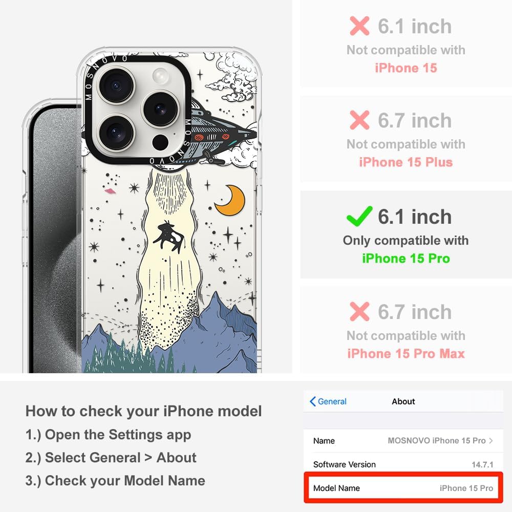 MOSNOVO Buffertech – Funda compatible con iPhone 15 Pro, impacto de caída de 6.6 pies, tecnología antidesprendimiento, funda transparente de