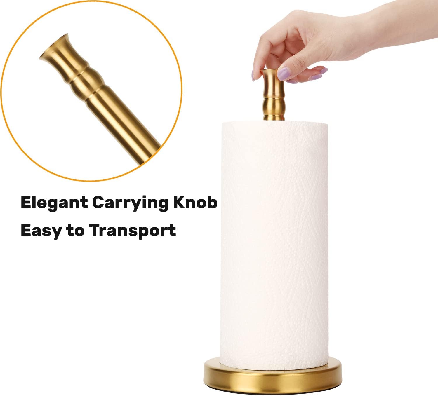 Soporte para toallas de papel dorado con base de acero inoxidable pesado, soporte para toallas de papel de pie (cepillado dorado)