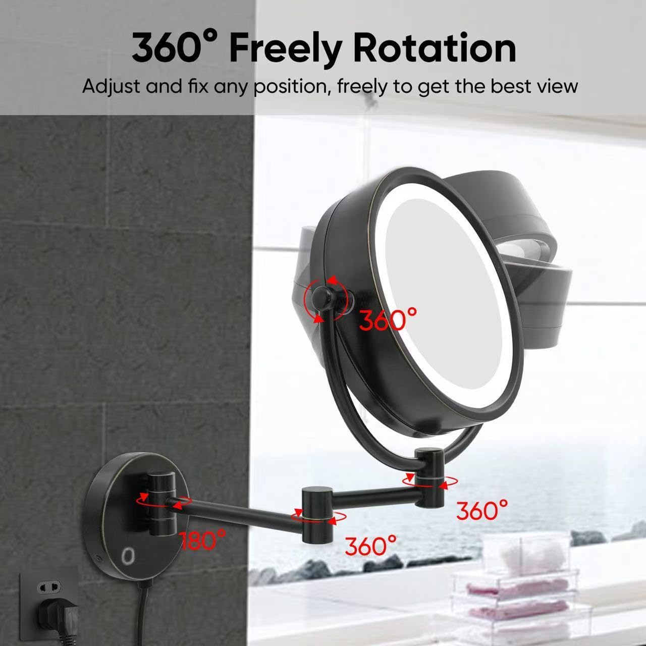 GURUN Espejo de maquillaje con aumento de 8.5 pulgadas con luces LED de 3 tonos, espejo de tocador de doble cara para baño con aumento de 10X