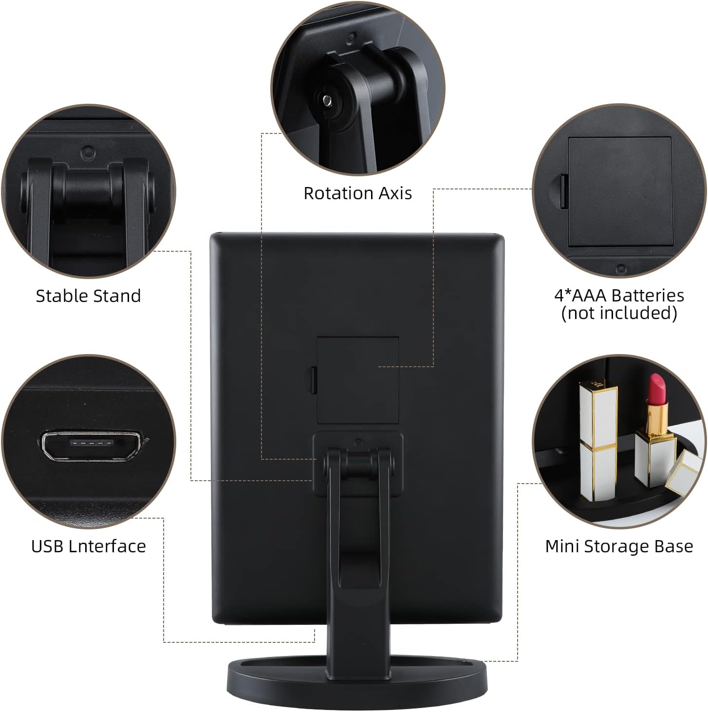 Essbhach Espejo de maquillaje con 21 luces LED, 4 ampliaciones y atenuación de pantalla táctil, rotación de 180 con doble potencia y brillo