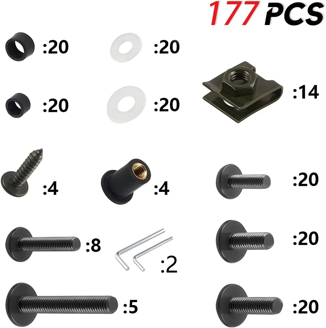 BELOMI Kit de pernos de carenado de motocicleta, 177 tornillos para parabrisas de motocicleta M5 M6, tornillos de aluminio para carenado, kit de