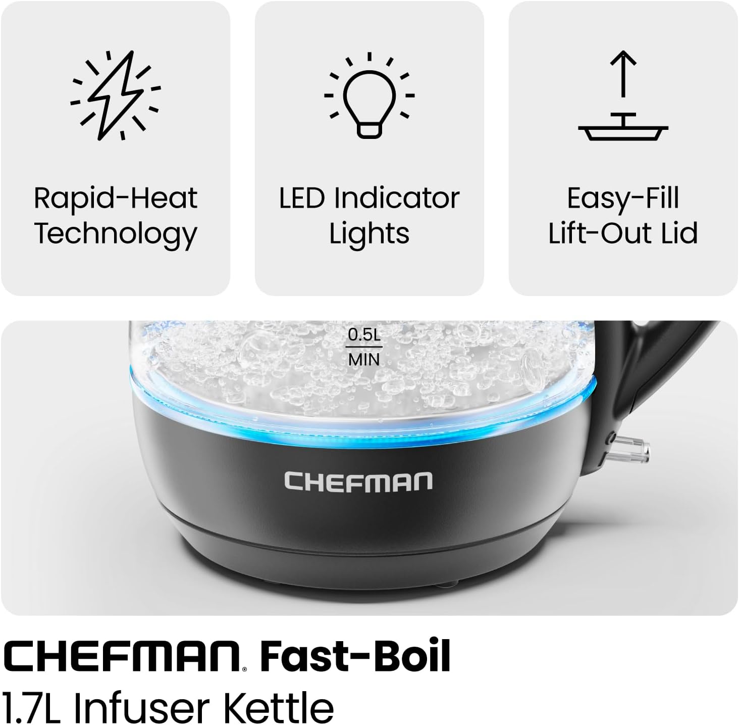 Chefman Hervidor eléctrico con infusor de té, 1.7L 1500W, tapa extraíble para una fácil limpieza, protección contra hervir en seco, filtro de acero