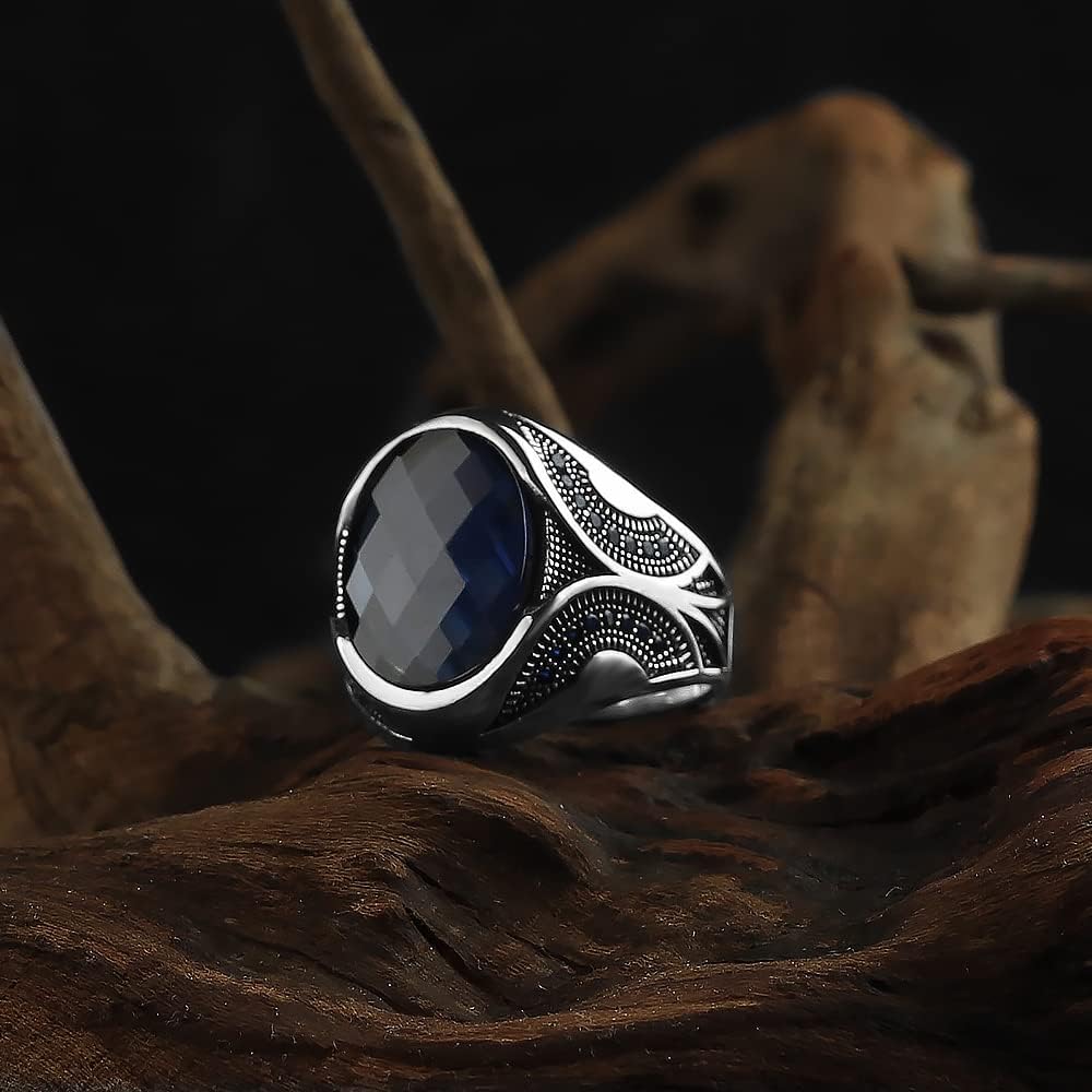 925 Sterling Silver Men Silver Ring with Sapphire GemStone, Handmade Engraved Silver Ring, Gift for him, Minimalist Silver Ring (10)