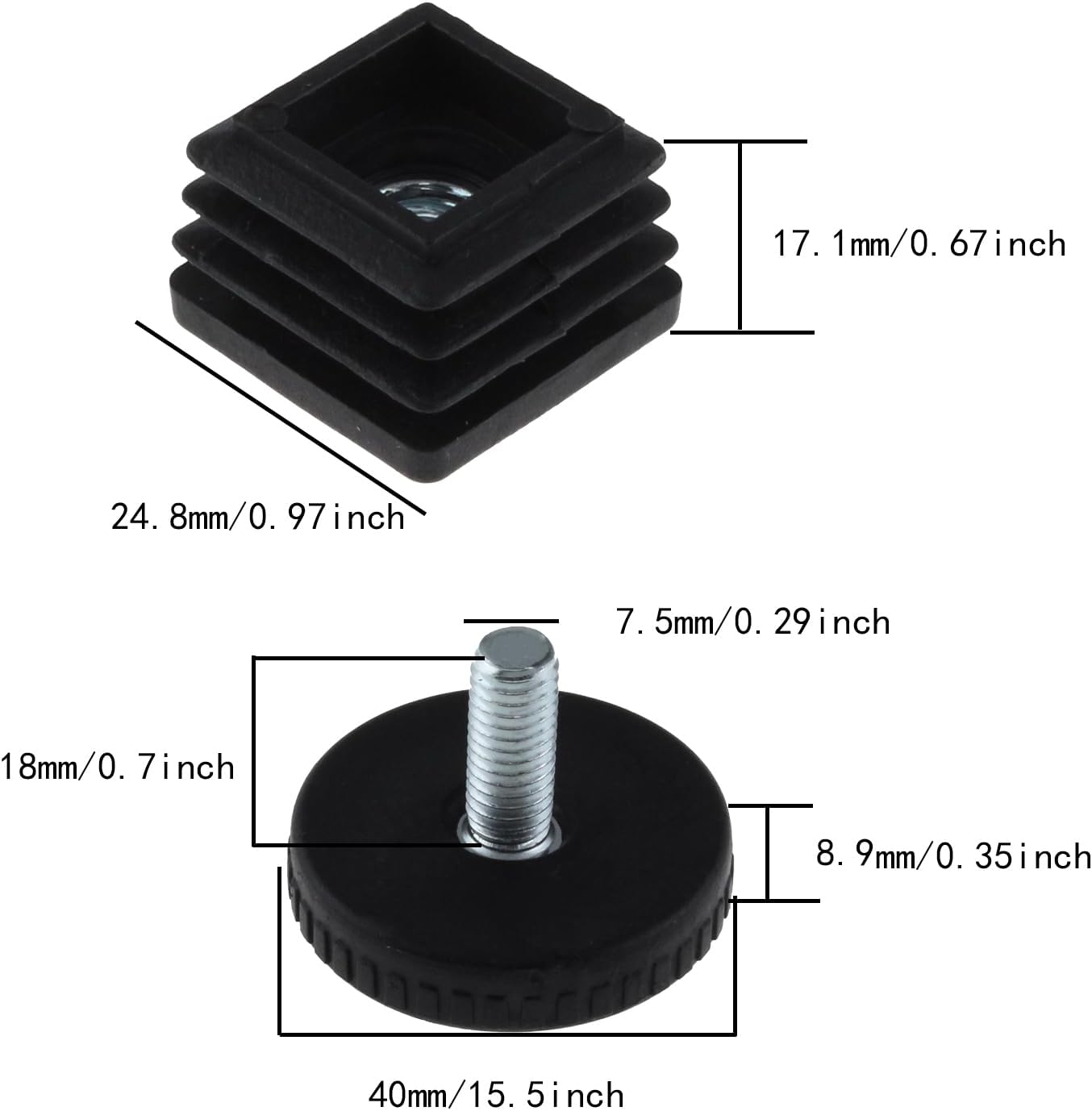 SQXBK Tapones de tuerca de tubo cuadrado de plástico ajustables, 25 x 25 pulgadas, pies de nivelación de altura negros, insertos cuadrados, medidor