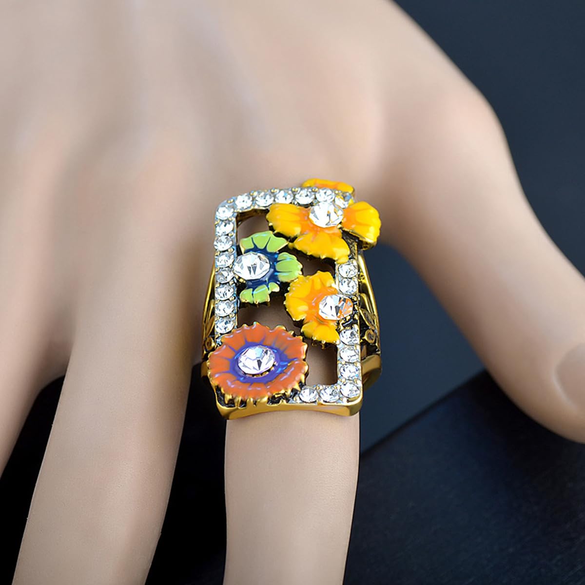 Unique Big Rectangle Resin Enamel Flower Wide Funky Ring,Handmade Floral Full Finger Chunky Long Ring,Yellow Gold Plated Large Square Cocktail Party