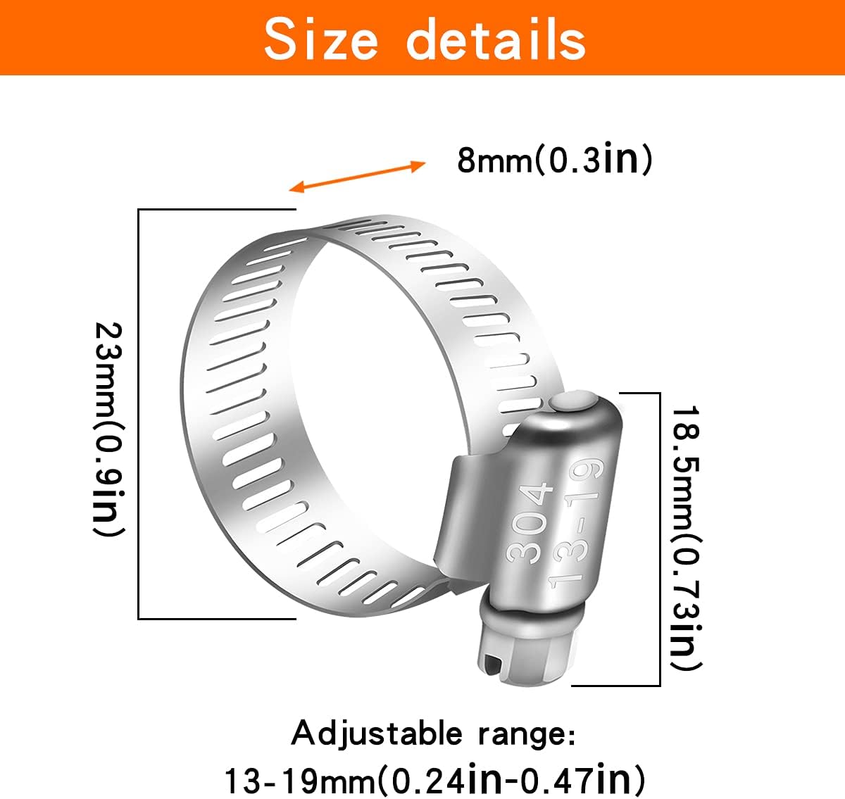 Dianrui 25 abrazaderas de manguera de 12 a 34 pulgadas (0.512-0.748 in) de acero inoxidable 304 de engranaje helicoidal 304 abrazaderas de manguera