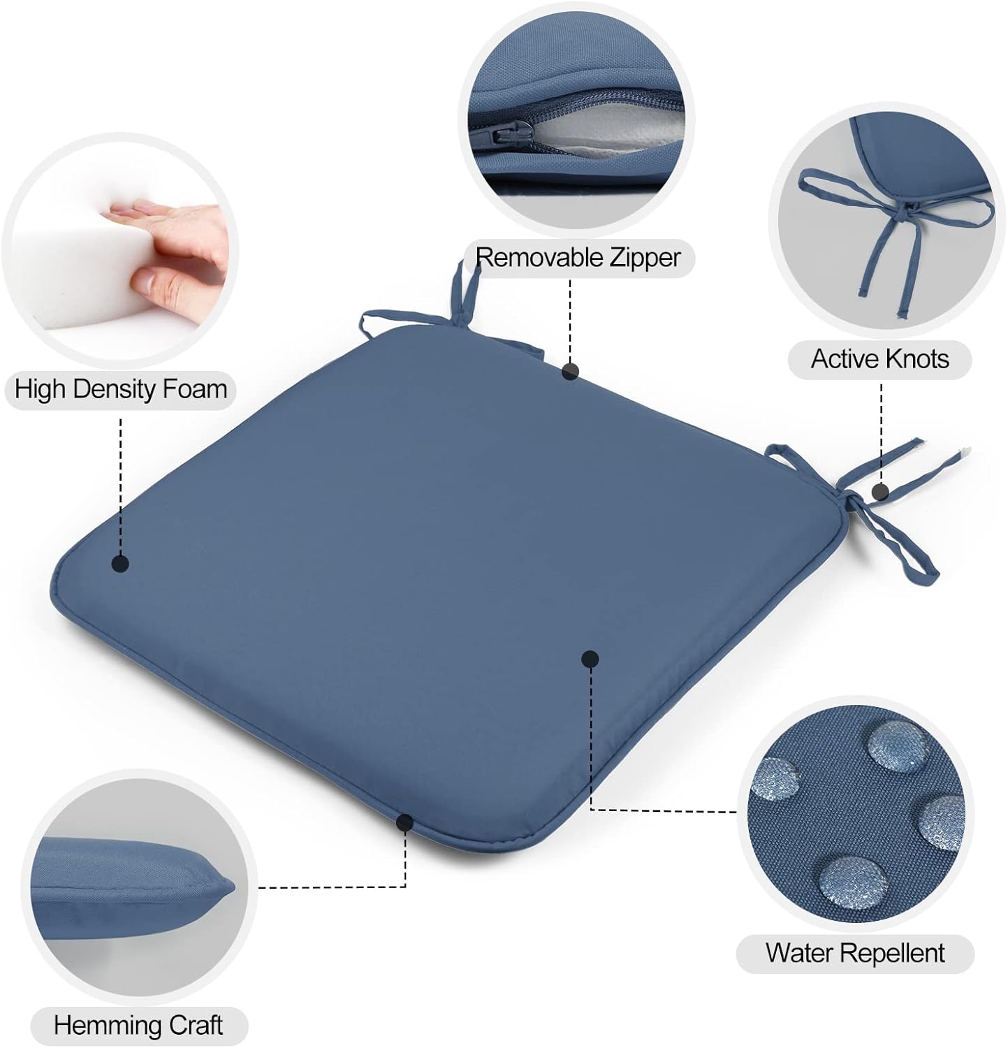 Cojines de asiento impermeables para interiores y exteriores, 16 x 16 pulgadas, cojín para silla de patio con lazos, lavable a máquina, para muebles