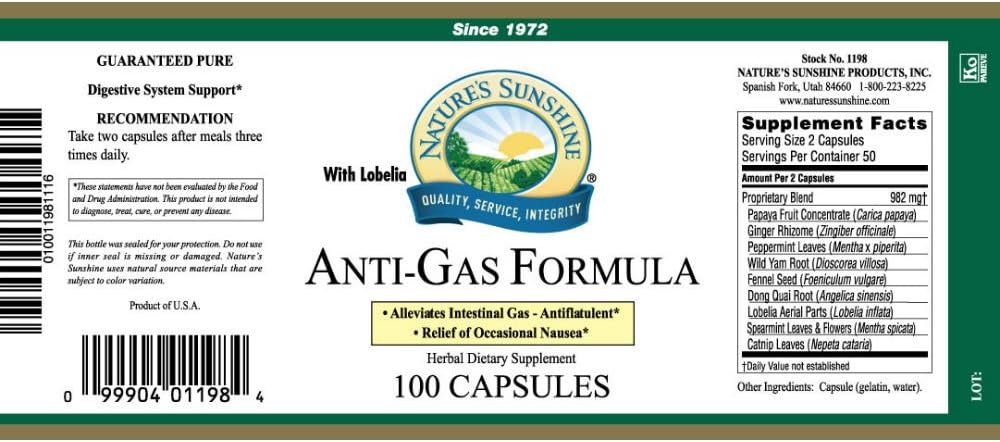Nature’s Sunshine Fórmula anti-gas con lobelia, 100 cápsulas  Apoya la digestión, ayuda al cuerpo a expulsar gases intestinales y puede ayudar a