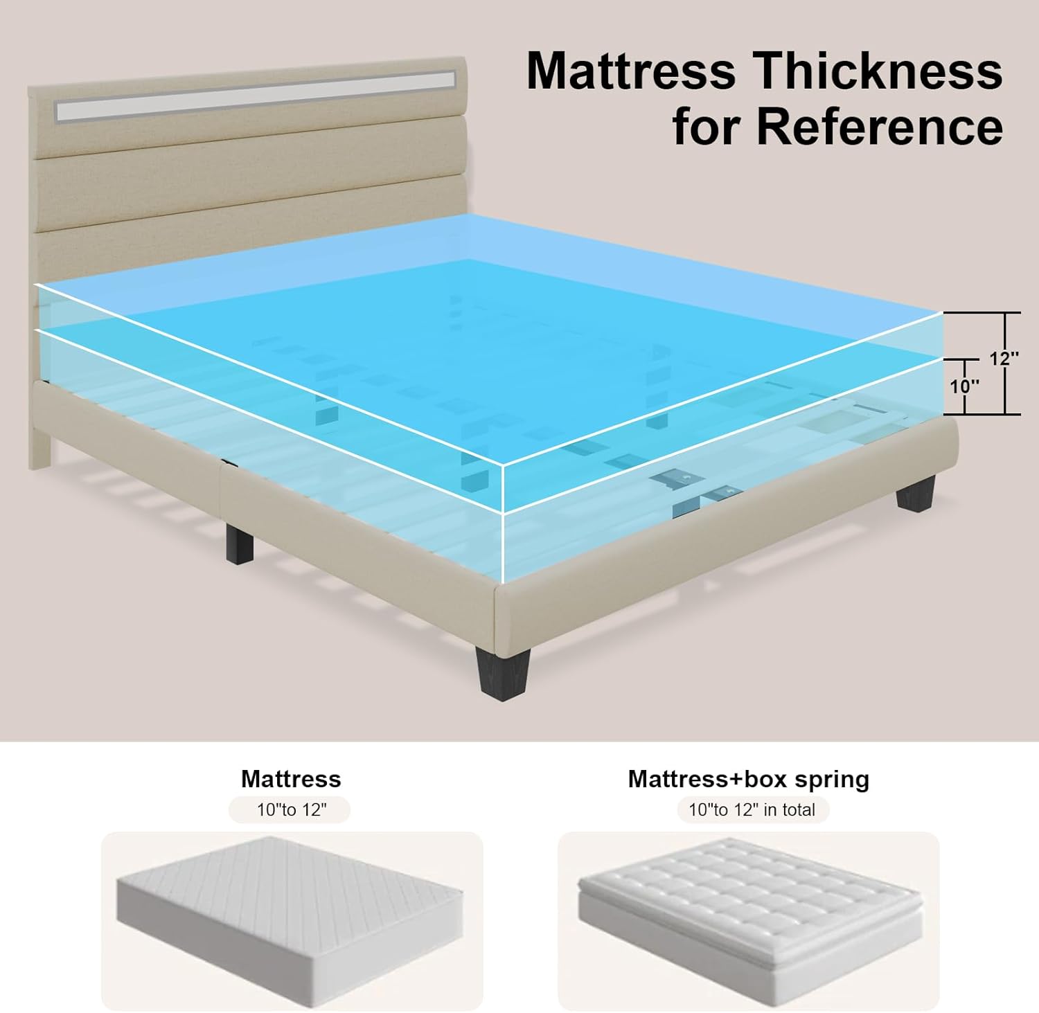 Base de cama de tamaño matrimonial con estación de carga y luces LED, marco de cama tapizado moderno con cabecero, camas de tela de lino, listones