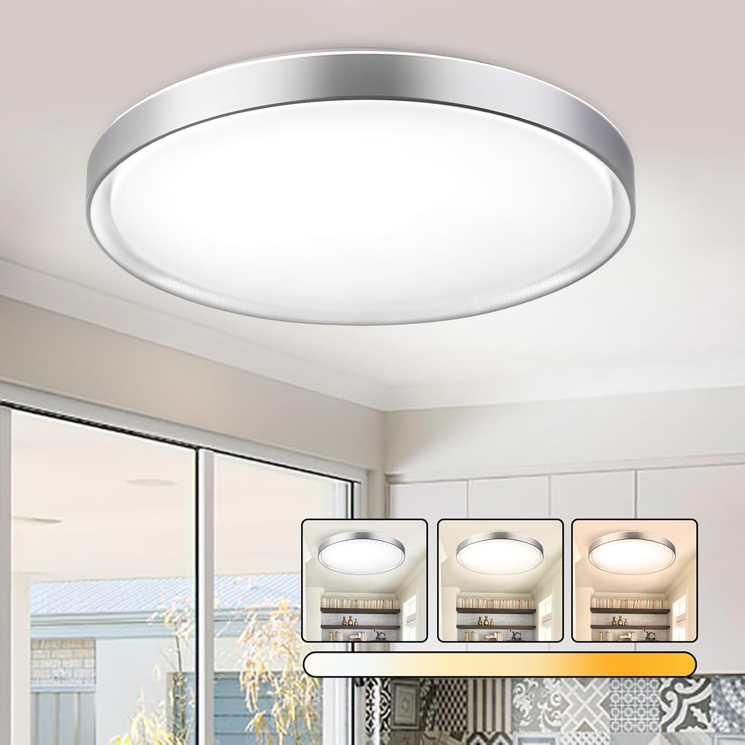 DLLT – Lámpara de techo redonda de cristal de 45 W, moderna lámpara LED regulable cerca del techo, lámpara de techo plateada de 20 pulgadas para