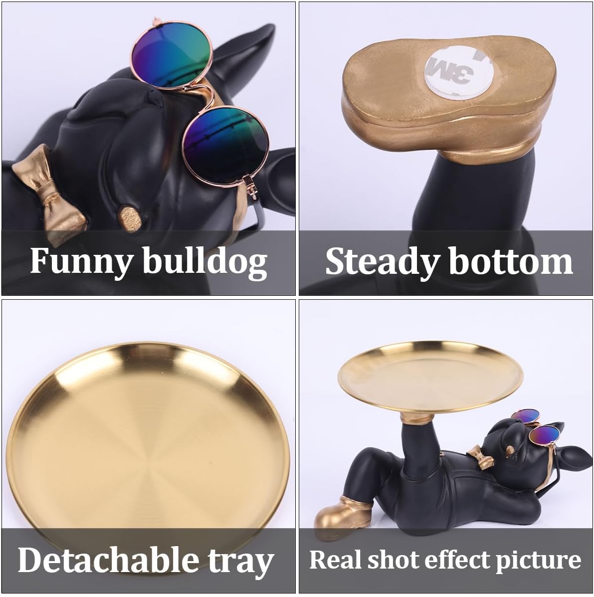 Estatua de bulldog francés negro  Bandeja de bulldog para dulces y soporte para llaves, almacenamiento de joyas, ideal para decoración moderna del