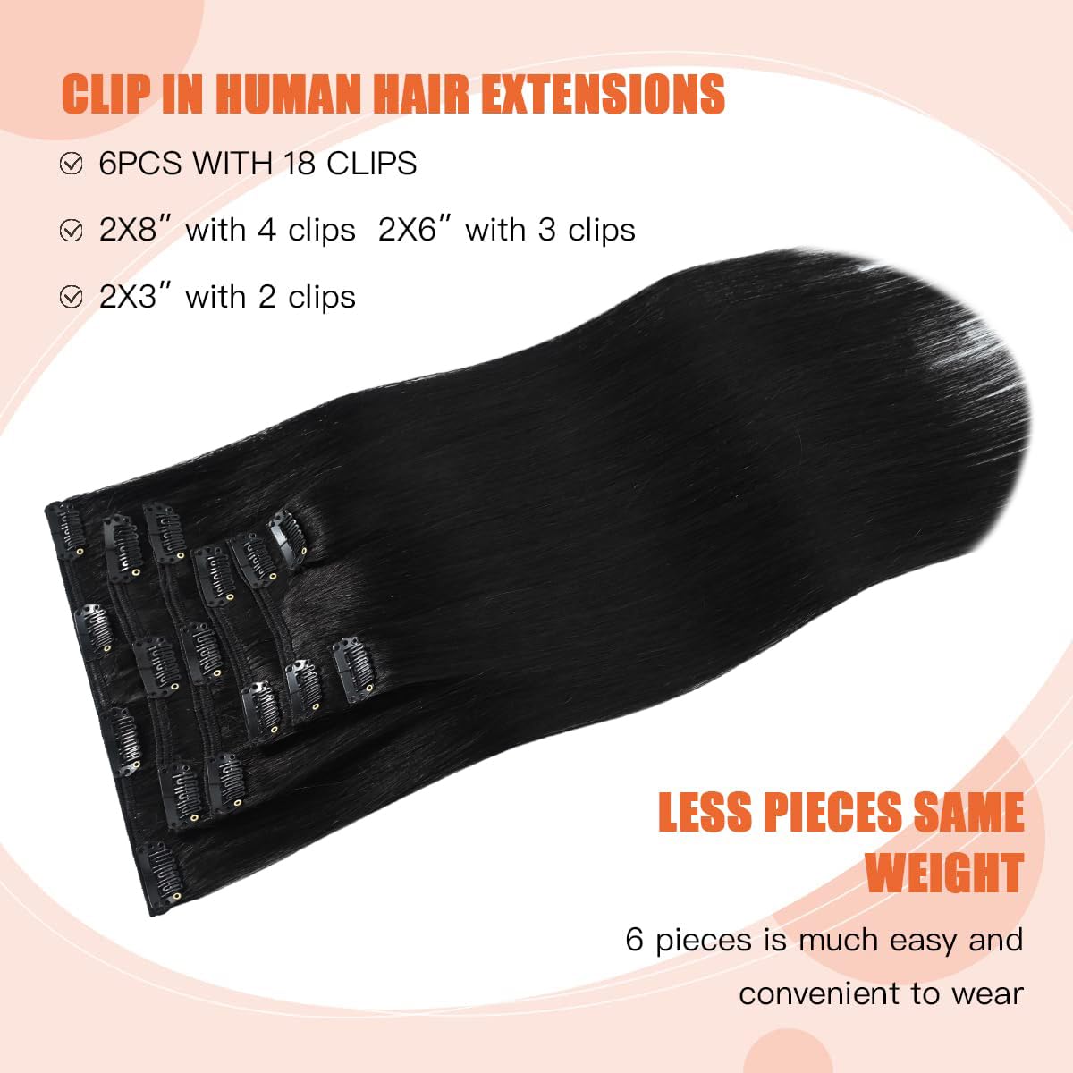 UGOTRAYS Extensiones de cabello humano real con clip, 2.47 oz, 18 pulgadas, 100% cabello humano Remy, color negro natural, lacio, doble trama para