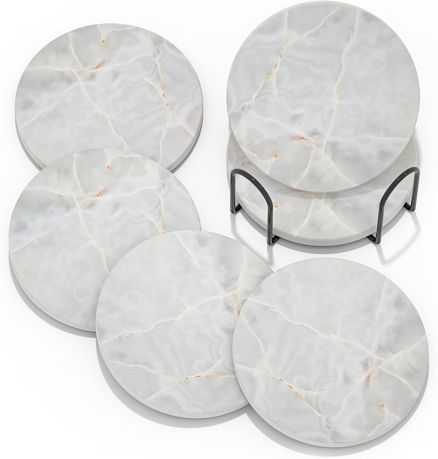 BUYAOBL Posavasos absorbentes con soporte, juego de 6 posavasos absorbentes, posavasos de ágata de cerámica de mármol, base de corcho para mesa de