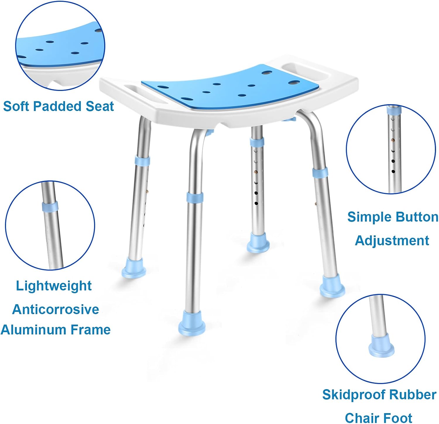 Silla de ducha para ducha interior, taburete de ducha antideslizante con orificios de asiento acolchados para bañera y baño, banco de baño
