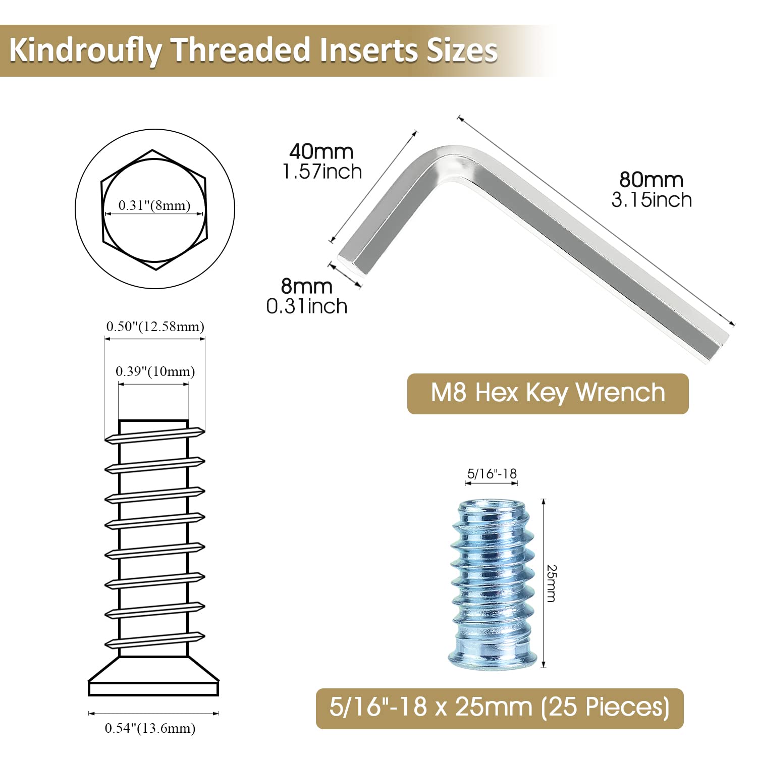 Kindroufly Insertos roscados de 516″-0.709 x 0.984 in, insertos de tuerca, insertos de madera, acero al carbono chapado en zinc azul, insertos