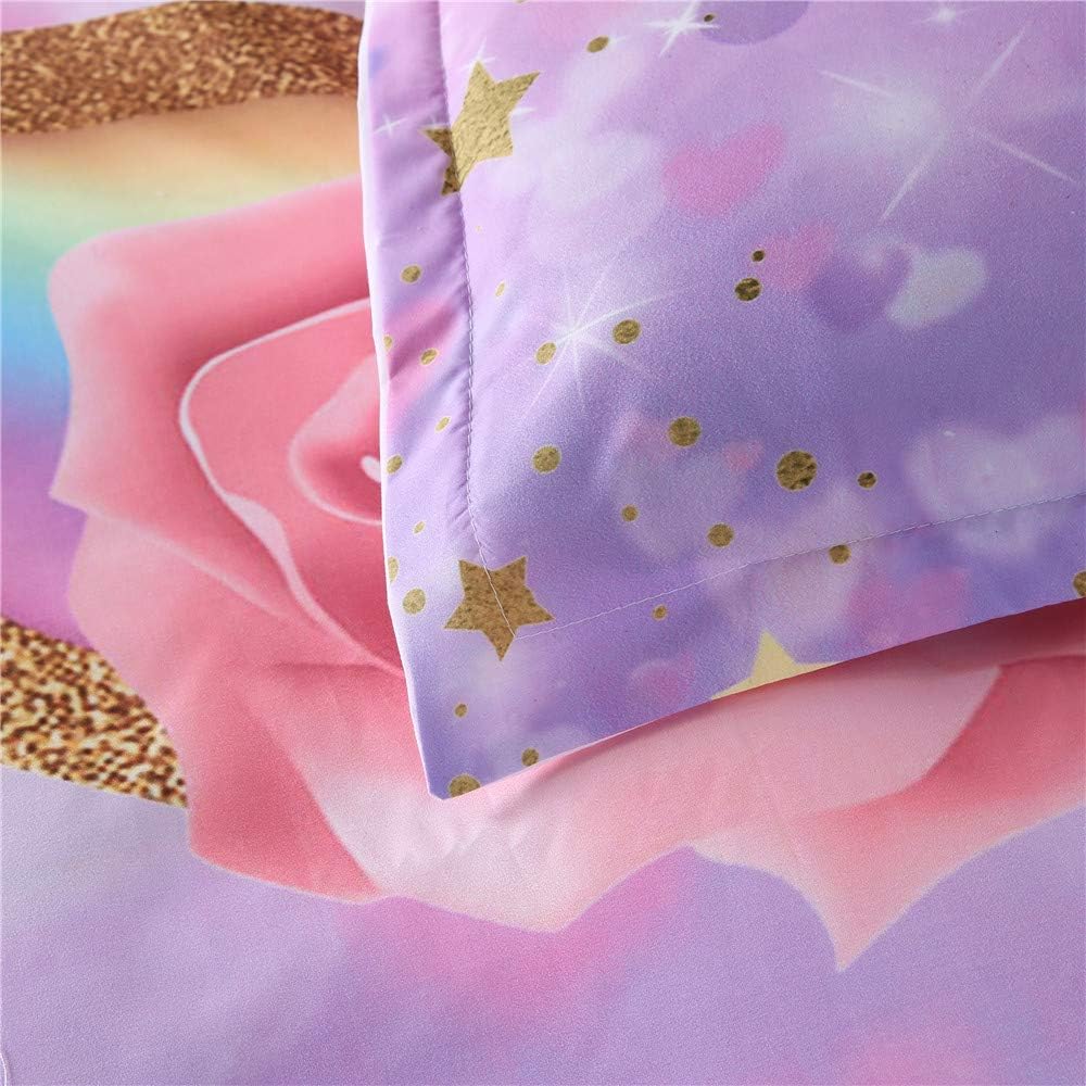 ADASMILE A & S Juego de ropa de cama de unicornio tamaño individual para niñas, juego de ropa de cama para niñas con estampado floral de corazón
