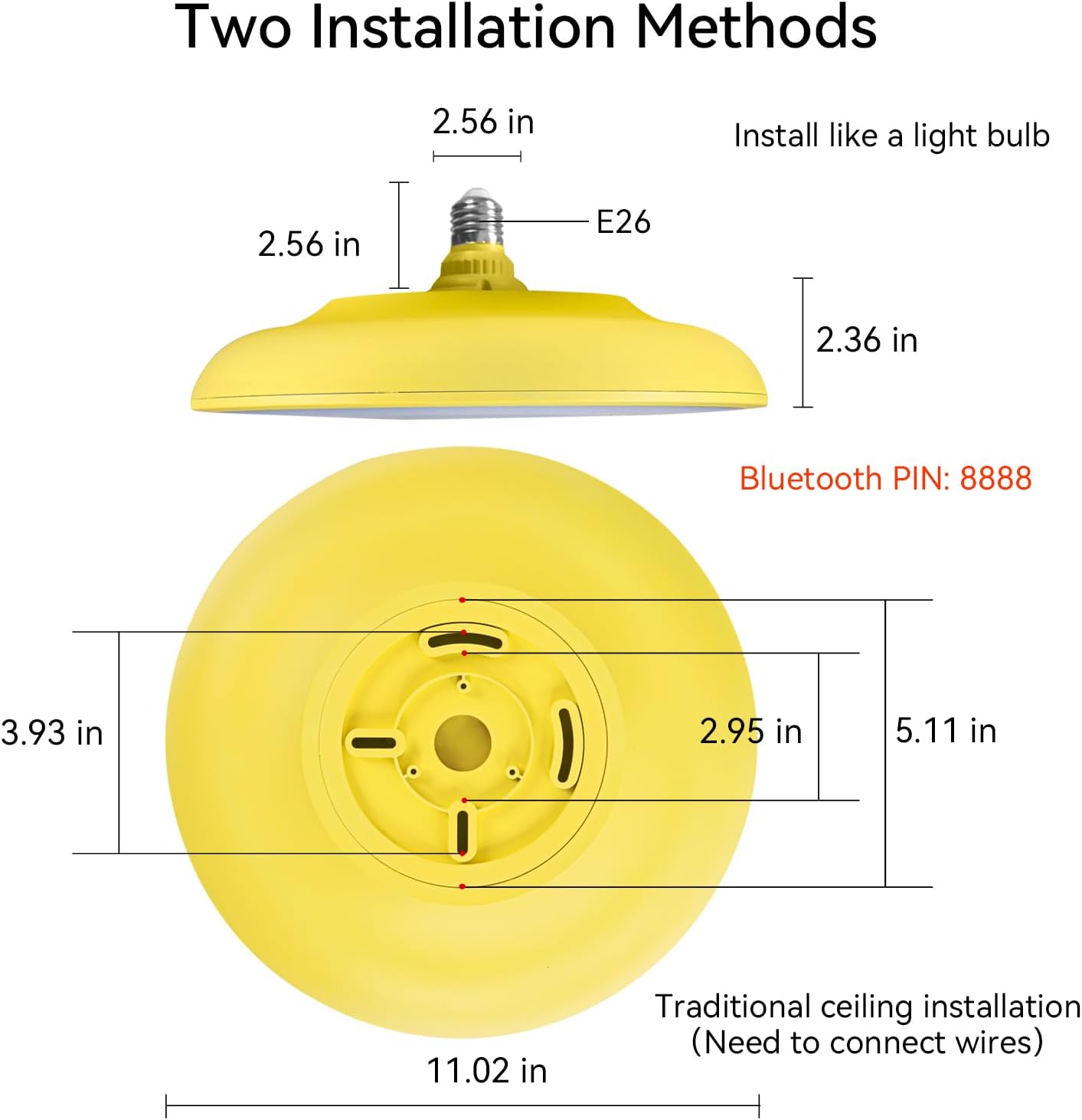 Lámpara de techo LED impermeable amarilla, lámpara de techo de música, con altavoz Bluetooth, 11 pulgadas, 18 W, 2700 K-6500 K, luz RGB regulable