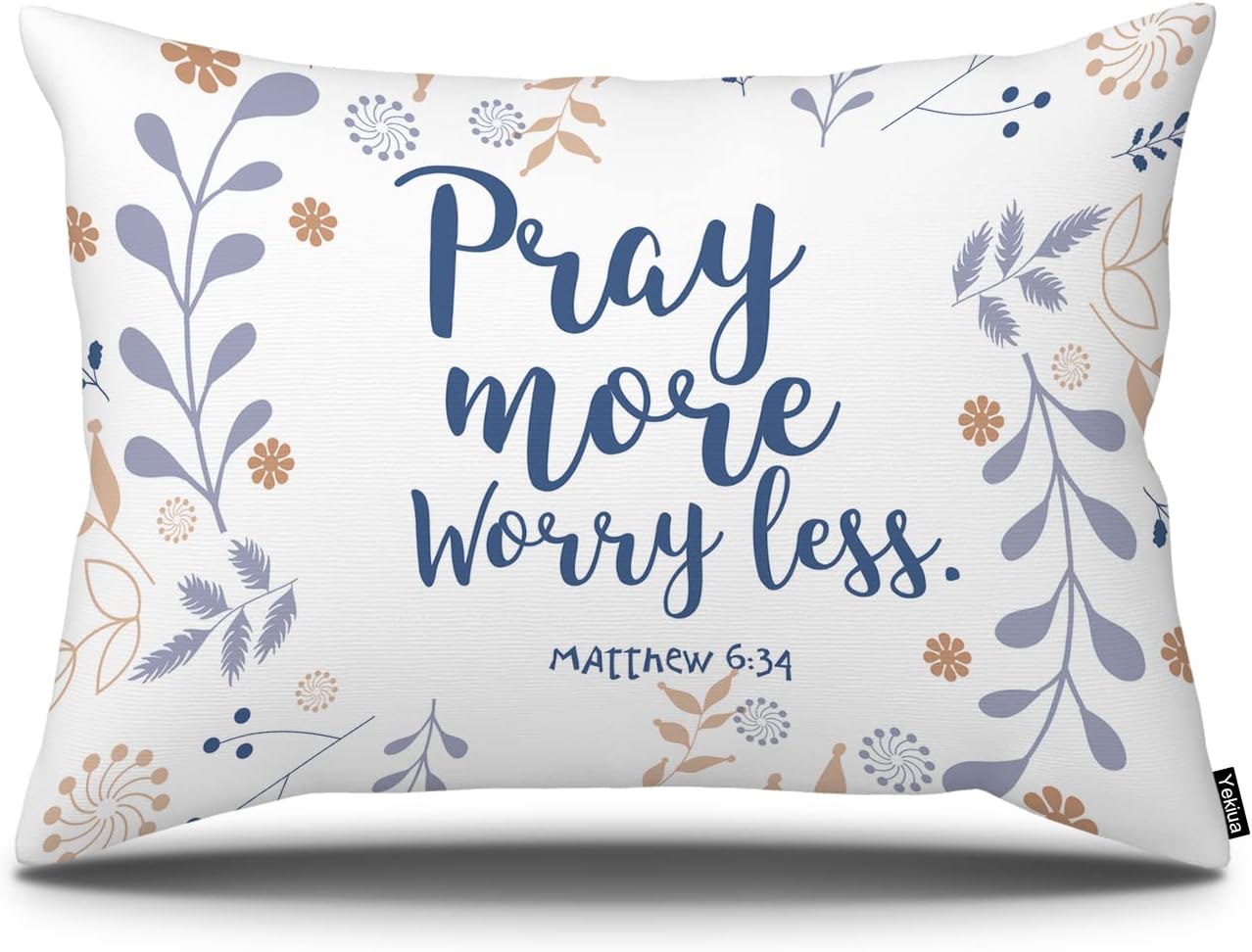 Funda de almohada rectangular con cita bíblica con diseño floral de Pascua, con frase en inglés “Pray More Worry Mens”, funda de cojín rectangular