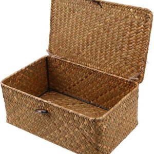 IMIKEYA Cestas de algas marinas con tapas cesta tejida de almacenamiento de pastos marinos, cesta tejida de paja cesta de almacenamiento de ratán de IMIKEYA Cestas de algas marinas con tapas cesta tejida de almacenamiento de pastos marinos, cesta tejida de paja cesta de almacenamiento de ratán de