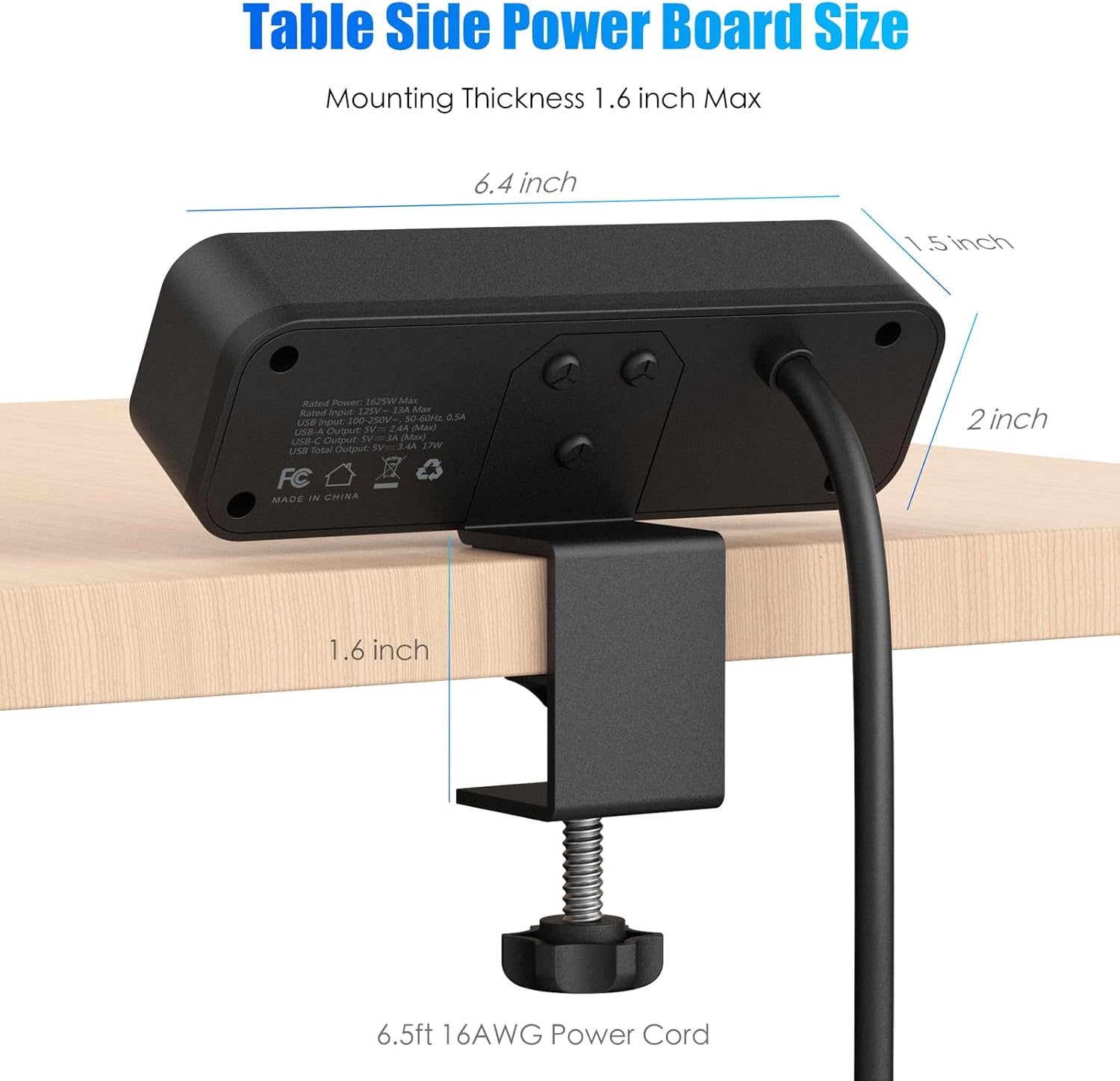 Regleta de alimentación con abrazadera de escritorio con 2 puertos USB-A y 1 USB-C, 3 salidas de CA, cable de 6 pies, se adapta a borde de mesa de
