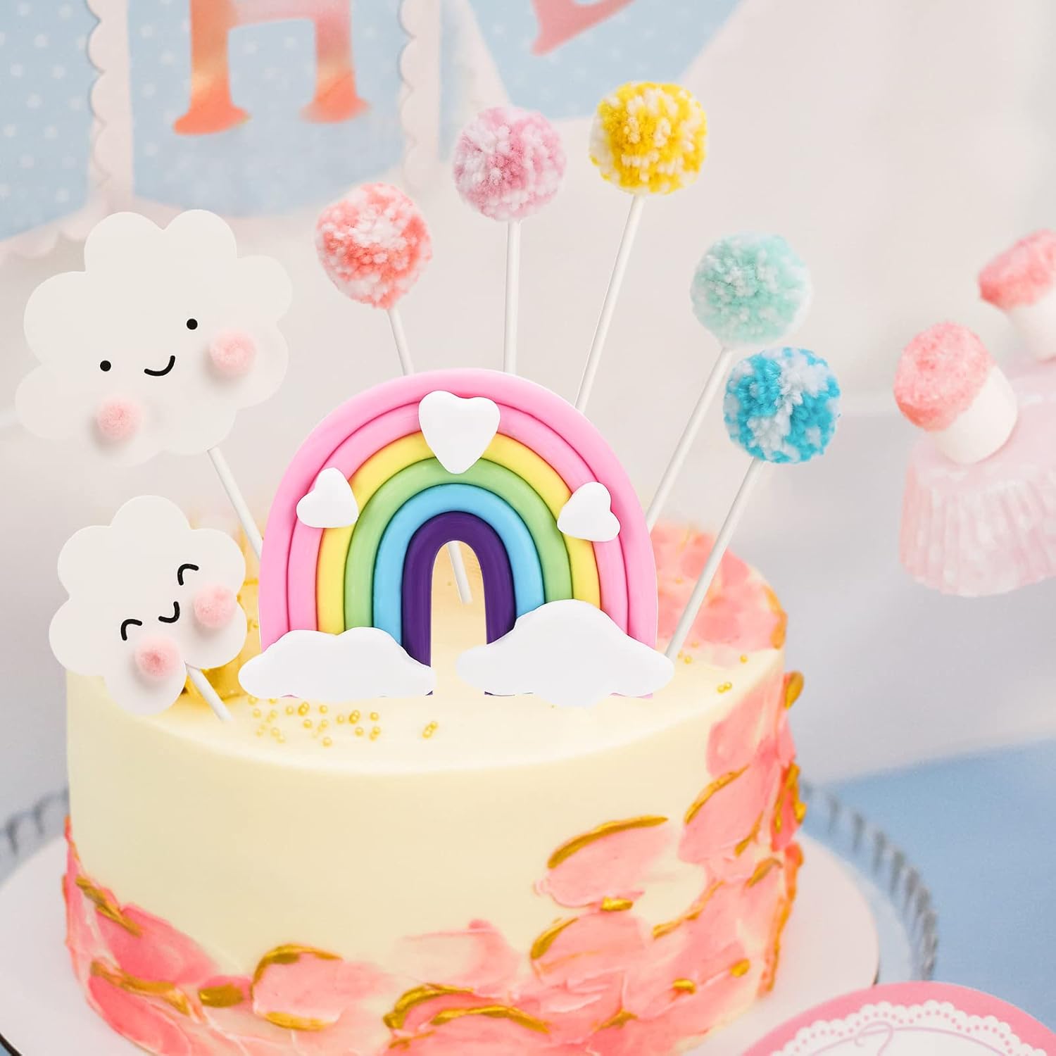 Decoración de pastel de arcoíris, juego de 8 piezas de decoración de pastel de arco iris, corazón pastel, nubes de arco iris, decoración de globos