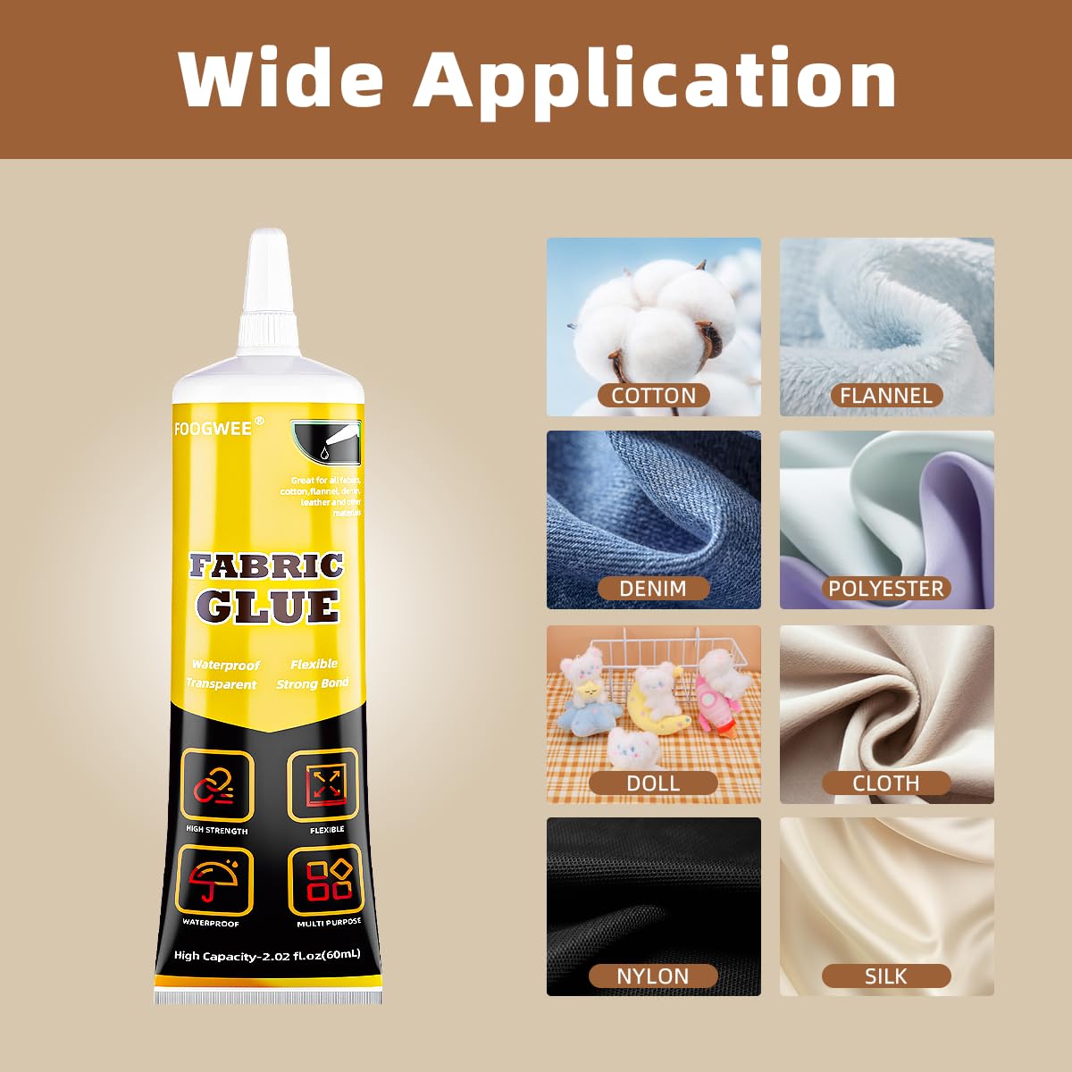 Fabric Glue Permanent – 60ml Sewing Glue for Clothing Permanent Washable, Liquid Fabric Stitch Glue for All Leather, Fabrics, Denim, Flannel,