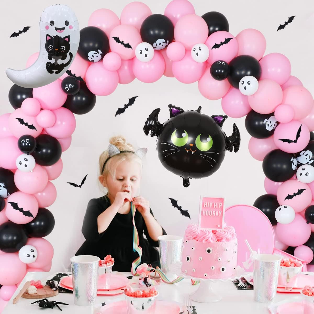 Decoraciones de Halloween para baby shower para niña  Un bebé está preparando globos rosa y negro, kit de arco de guirnalda de globos fantasma,